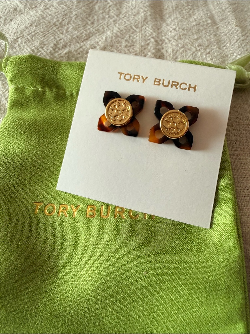 Tory Burch Tortoise Shell and Gold Quatrefoil Stud Earrings